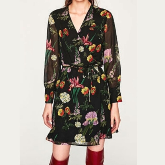 Zara Dresses & Skirts - ZARA Woman Long Sleeve Wrap Dress - Botanical floral print mini dress size M